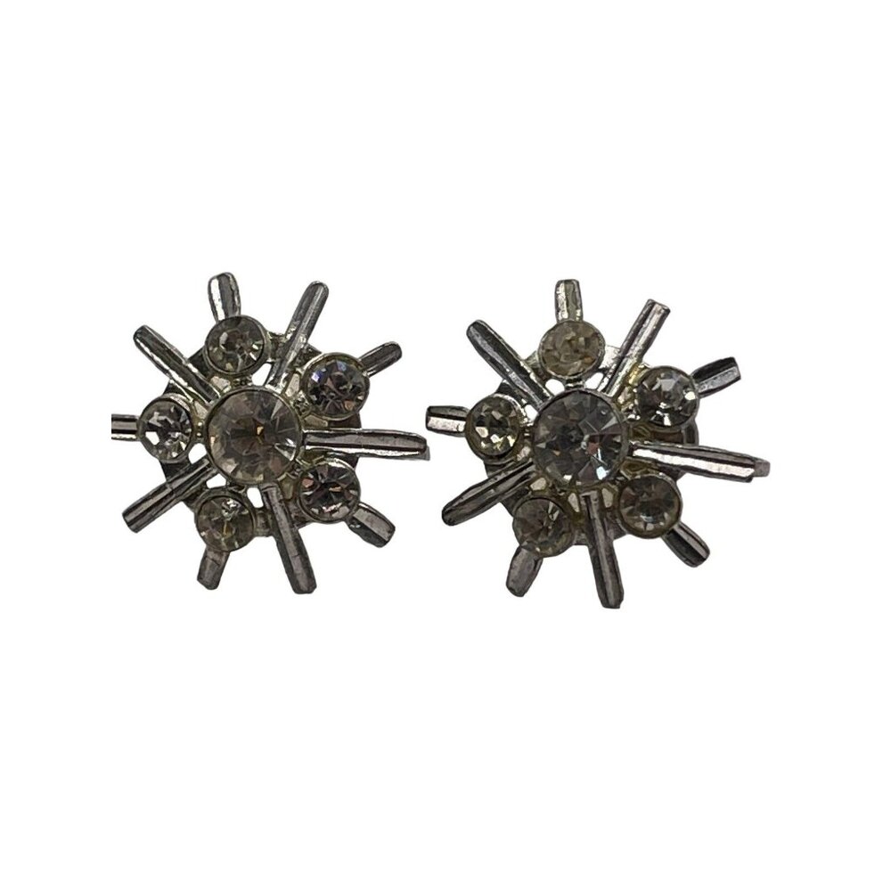 Vintage Nemo‎ Icy Clear Rhinestone Silver Tone Screwback Starburst Earrings